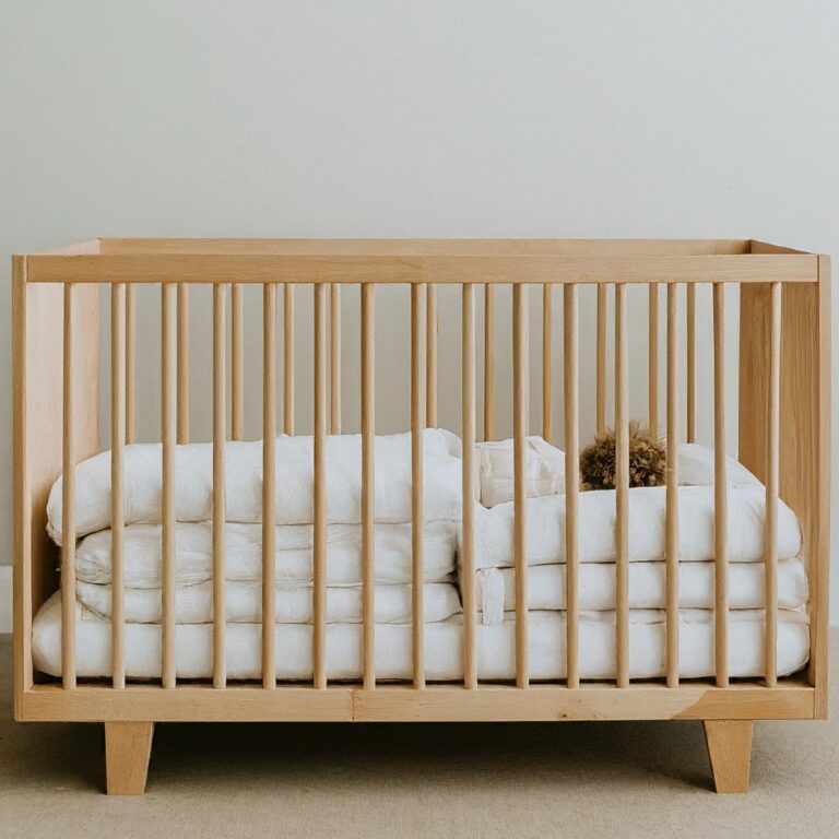 Peaceful baby lying in a natural wood crib in a minimalist nursery, emphasizing low impact, eco-friendly parenting
