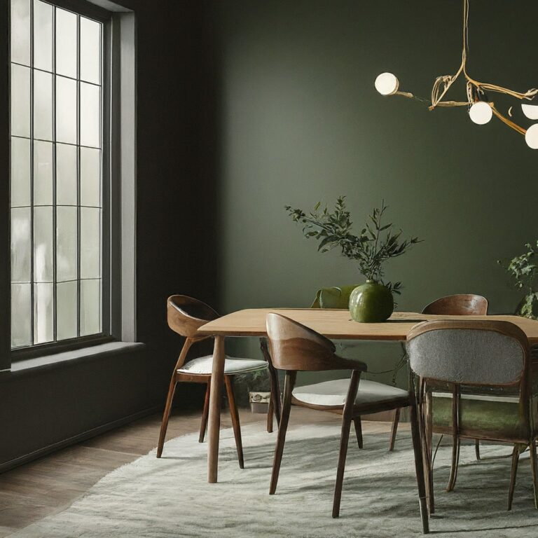 Modern eco-friendly dining room with recycled wood furniture, energy efficient lighting, and indoor plants